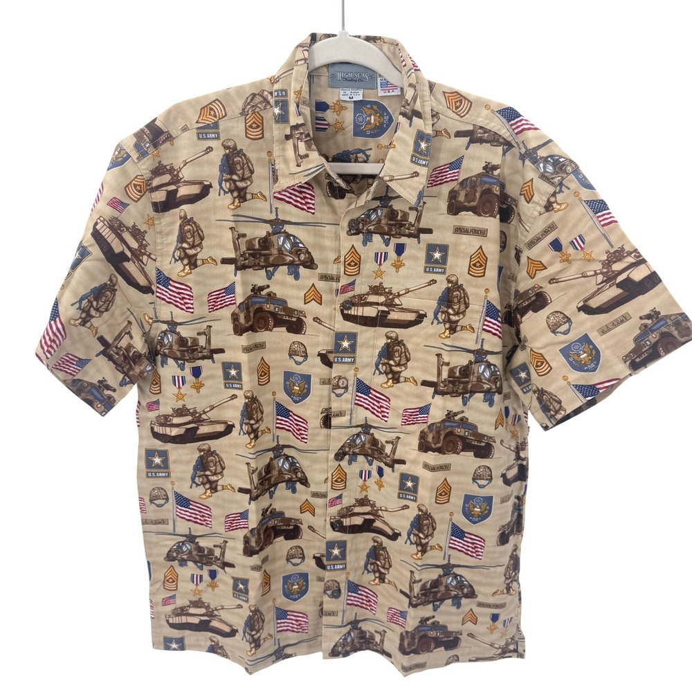 High Seas Trading Co Mens US Army Military All Over Print Shirt Tan Flag USA